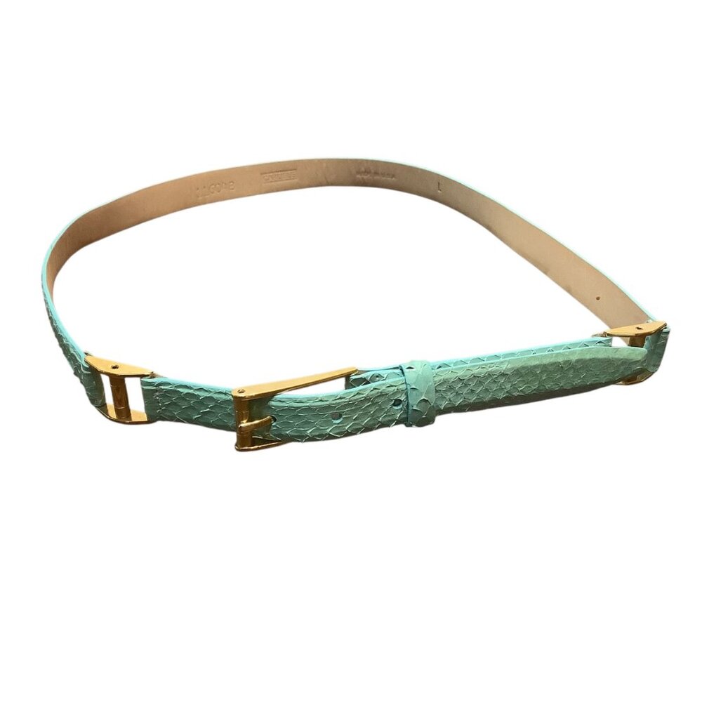 Vtg Carlisle Women‎ Large Aqua Genuine Snakeskin Leather Belt Gold-Tone Buckle
